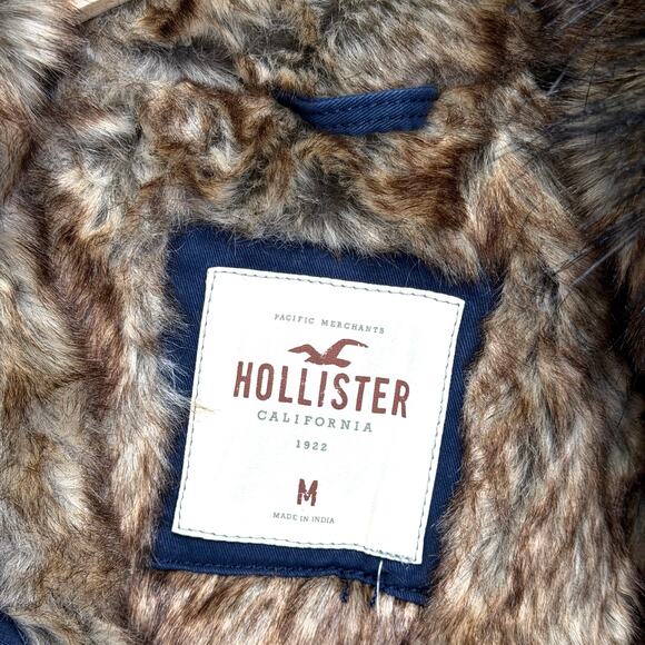 HOLLISTER Faux Fur Lined Twill Parka Coat Blue Men’s M Epic Flex Heritage NEW - Picture 3 of 14